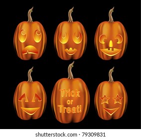 Set of halloween pumpkins with various emotional expressions isolated on a black background EPS10