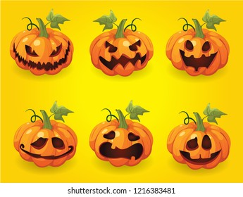 Set of halloween pumpkins, various faces, Autumn holidays
