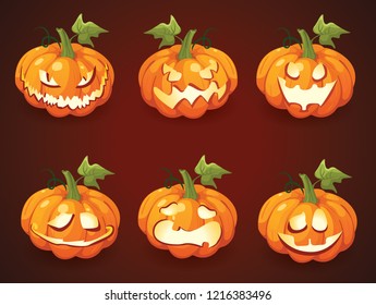 Set of halloween pumpkins, various faces, Autumn holidays