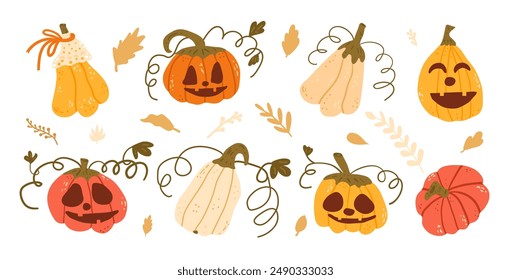 Conjunto de calabazas de Halloween en varias Formas y colores. Linternas de verduras maduras de otoño texturizadas. Vector dibujado a mano ilustración Clipart aislado sobre fondo blanco.