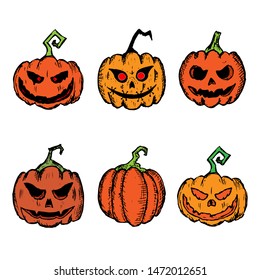Set of Halloween pumpkins. Vector cartoon illustrations. Isolated objects on a white background. Jack-o-lantern. Hand-drawn style.