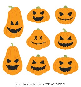 Set of Halloween pumpkins. Vector illustration. Flat style. Collection of pumpkins for Halloween. Creepy pumpkins.