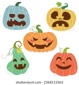 Set of halloween pumpkins vector illustration cartoon isolated on white background. Cute halloween Jack-o-Lantern collection.
