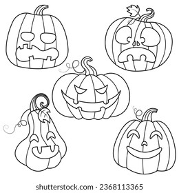 Set of halloween pumpkins vector illustration cartoon isolated on white background. Cute halloween Jack-o-Lantern collection.
