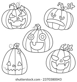 Set of halloween pumpkins vector illustration cartoon isolated on white background. Cute halloween Jack-o-Lantern collection.
