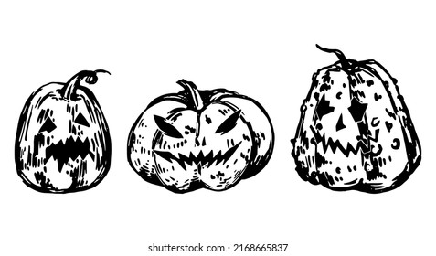 Set of Halloween pumpkins. Vector illustrations of creepy faces lantern Jack. Retro ink sketches cliparts collection isolated on white background.