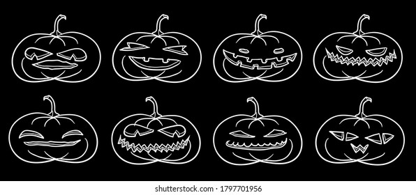Set of Halloween pumpkins in white isolated over black. Jack-o-lantern holiday vector illustration. Dark creepy greeting card design elements.