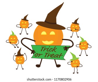 Set of Halloween Pumpkins with witch hats on white background - different poses