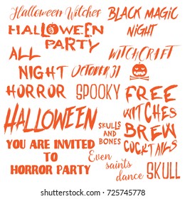 Set of Halloween quotes for posters about Halloween party and Scary phrases for greeting card printable wall art designs and flyers, different font calligraphy collection. Vector.