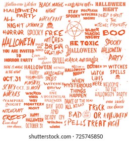 Set of Halloween quotes for posters about Halloween party and Scary phrases for greeting card printable wall art designs and flyers, different font calligraphy collection. Vector.