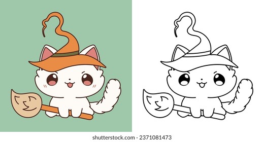 Set Halloween Ragdoll Cat Multicolored and Black and White. Kawaii Clip Art Halloween Kitty. Cute Vector Illustration of Halloween Kawaii Pet in Witch Costume. 