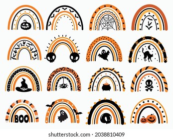 Set of Halloween rainbows. Collection of cute scary rainbows with black cat, skull, pumpkin face. Design for postcards or clothing. Colorful illustration with spotted animal print.