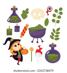 Set Halloween  red witch, plant leaves, candy, pumpkin, potion, poison, bottles, eye, lollipop, basket, skull, candles  in cartoon style isolated on white background.