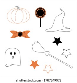 Set of halloween related icons. Pumpkin, witch's hat, witch's broom, ghost and candies in halloween style.