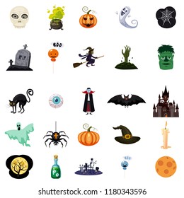 Set of Halloween related objects and characters. Set of halloween icons for your design. Cartoon design. Halloween symbols. Vector isolated