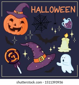 Set of Halloween related objects and creatures. Set of halloween icons for your design. Flat design.