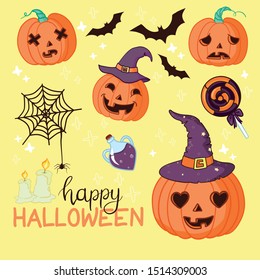 Set of Halloween related objects and creatures. Set of halloween icons for your design. Flat design. Halloween symbols.