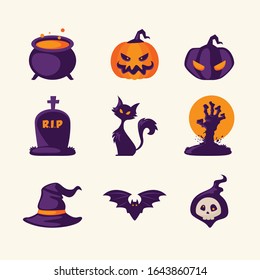 Set of Halloween related objects and creatures. Set of halloween icons for your design.