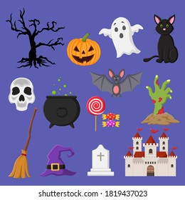 Set of Halloween related objects and creatures icons. Vectro illustration