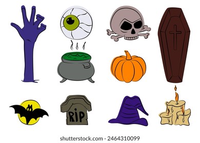 Set of Halloween related objects and creatures. Set of Halloween icons for your design. Flat and line design. Halloween symbols.