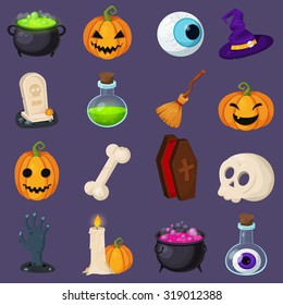 Conjunto de objetos y criaturas relacionados con Halloween. Conjunto de iconos de Halloween para su diseño. Diseño plano. Símbolos de Halloween.