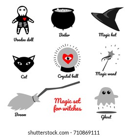 Set of Halloween related objects and creatures. Set of halloween icons for your design. Flat design. Halloween symbols. Magic set for witches.