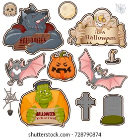 Set of Halloween related objects and creatures: pumpkin, Werewolf, Frankenstein monster, mummy, moon, candle, spider, cross and bat. Set of cartoon Halloween icons for design. Halloween symbols.