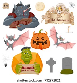 Set of Halloween related objects and creatures: pumpkin, Werewolf, Frankenstein monster, mummy, moon, candle, spider, cross and bat. Set of cartoon Halloween icons for design. Halloween symbols.