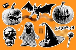 Set Of Halloween Retro Halftone Paper Stickers For 90s Style Collages. Offset Dotted Pumpkin, Bat, Hat, Skull And Zombie Eye Torn Out Elements. Collection Of Trendy Vector In Collage Style.