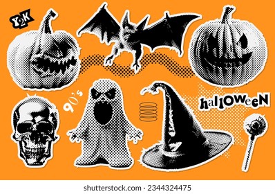 Set of Halloween retro halftone paper stickers for 90s style collages. Offset dotted pumpkin, bat, hat, skull and zombie eye torn out elements. Collection of trendy vector in collage style.