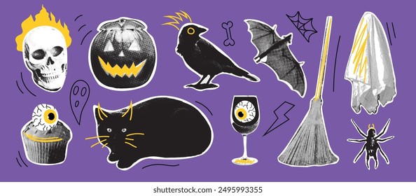 Set of Halloween retro halftone paper stickers for 90s style collages. Vector illustration with pumpkin, ghost, skull, cat, raven, bat, spider, eye, potion, broom etc.