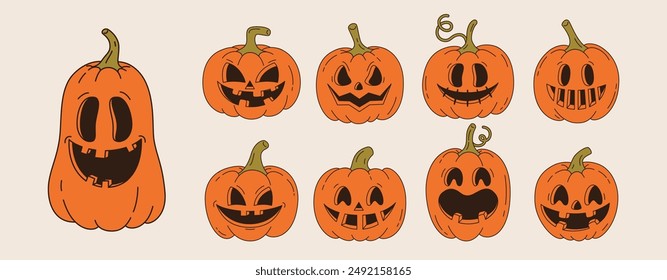 Set of Halloween retro pumpkin in groovy style. Funny orange pumpkin with smile. Vector illustration.