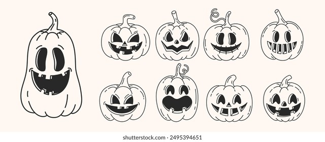 Set of Halloween retro pumpkin in groovy style. Funny outline pumpkin with smile. Vector illustration.