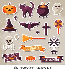 Set of Halloween Ribbons and Character Stickers. Scrapbook elements on Textured background. 