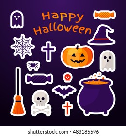 Set of Halloween Ribbons and Character Stickers. Scrapbook elements. Textured background. Witch Hat, Sweet Candy, Spider and Web, Skull
