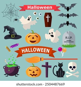 Set of Halloween ribbons and characters. Cat bat candy spider, ghost, pumpkin, witch hat, cross. vector illustration for Halloween design, website, flier, invitation card