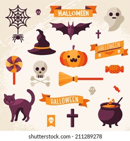 Set of Halloween ribbons and characters. Scrapbook elements on Textured background. Vector illustration. 