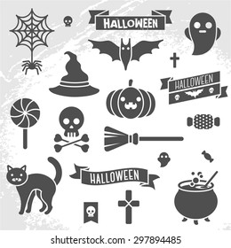 Set of Halloween ribbons and characters. Scrapbook elements on textured background. Vector illustration. 