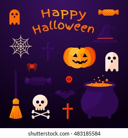 Set of Halloween ribbons and characters. Scrapbook elements. Vector illustration. Cat, bat, candy, spider, ghost, pumpkin, witch hat, skull, cross. Textured background.
