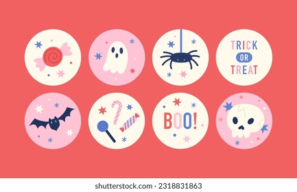 Set of Halloween round labels. Holiday illustration for badges, stickers and cards