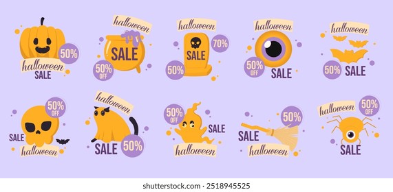 Set of Halloween sale banners featuring pumpkins, ghosts, bats, and other spooky icons with discount tags on a purple background.