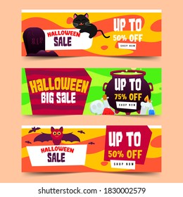 Set Of Halloween Sale and Big sale with Cute Black Cat, Flying Bats, Cauldron