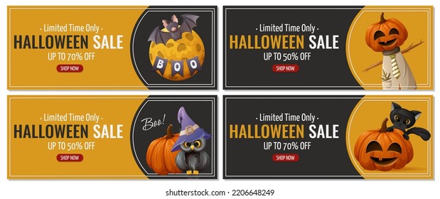 Set of Halloween sale flyer. Scarecrow, pumpkins with owl and hat, moon, bat and cat. Narrow format for banner, poster
