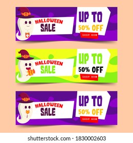 Set Of Halloween Sale with Ghost carrying a bag full of candy, Ghost Eat Candy and Ghost Carrying Big Candy.