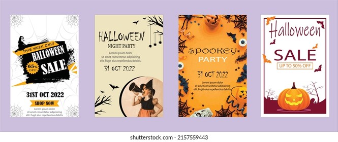 Set of Halloween Sale notice illustrated poster. Vector cartoon illustration of a pumpkin and flying bats, a hat, one witch