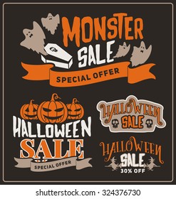 Set of Halloween sale promotion badges and labels design for product, web and promote marketing concept. Discount promotion label for Halloween season. Vector