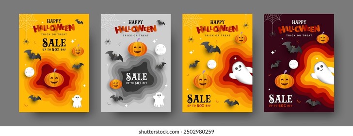 Set of Halloween sale promotion flyers or posters with paper-cutting style in yellow and dark red color. up to 50% off advertising banner template.