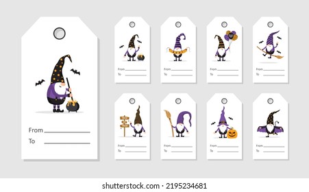 Set of Halloween sale tags with cute scandinavian gnomes. Spooky night discount. Vector illustration in cartoon style. Holiday backgrounds with festive elves.