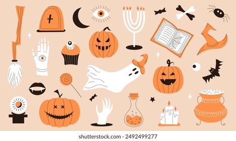 Set of Halloween scary elements. Pumpkin, cauldron, ghost, coffin, candles, eye. Flat vector illustration