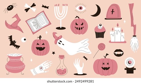 Set of Halloween scary elements. Pumpkin, cauldron, ghost, coffin, candles, eye. Flat vector illustration
